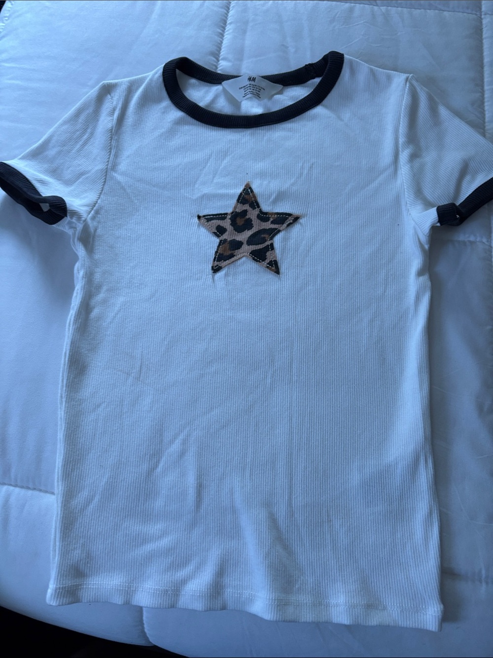 H&M White Ringer Tee with Black Trim and Leopard Star